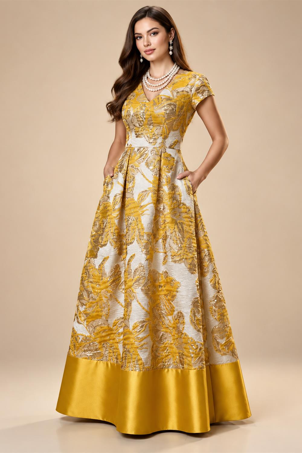 A-Line Floral Jacquard Floor-Length Mother of the Bride & Groom Dresses with V-Neck, Cap Sleeves (SHI22500480)