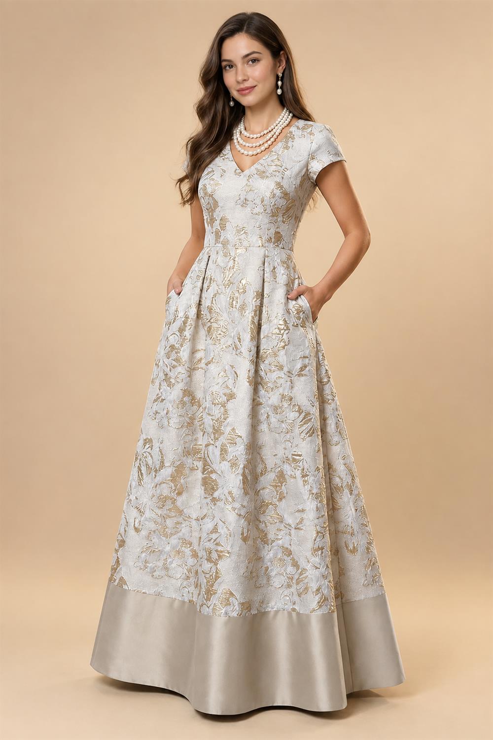 A-Line Floral Jacquard Floor-Length Mother of the Bride & Groom Dresses with V-Neck, Cap Sleeves (SHI22500480)