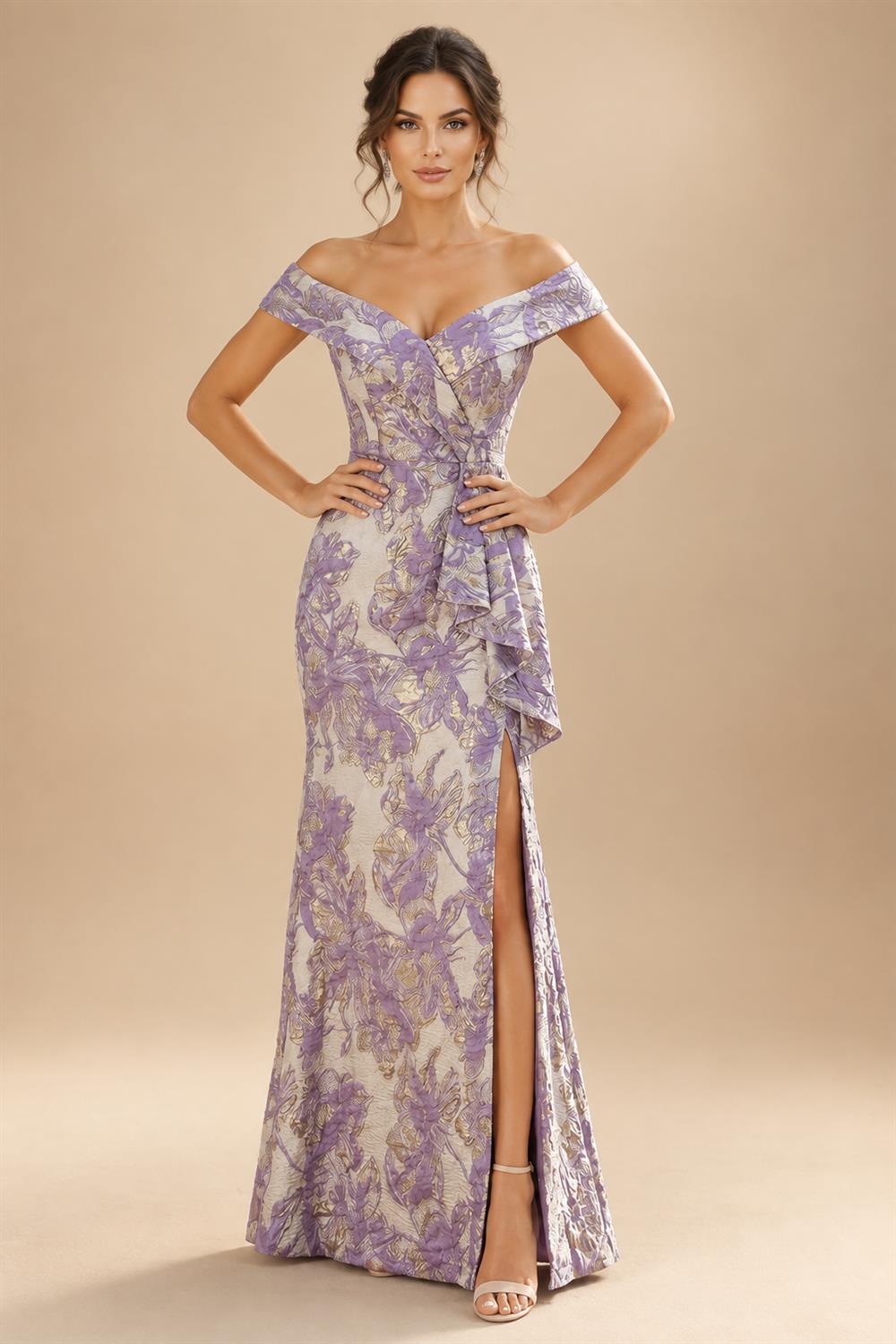 Sheath Floral Jacquard Off Shoulder Mother of the Bride & Groom Dresses with Flower (SHI22500777)