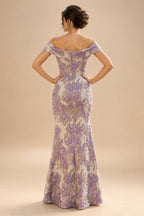 Sheath Floral Jacquard Off Shoulder Mother of the Bride & Groom Dresses with Flower (SHI22500777)