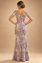 Sheath Floral Jacquard Off Shoulder Mother of the Bride & Groom Dresses with Flower (SHI22500777)