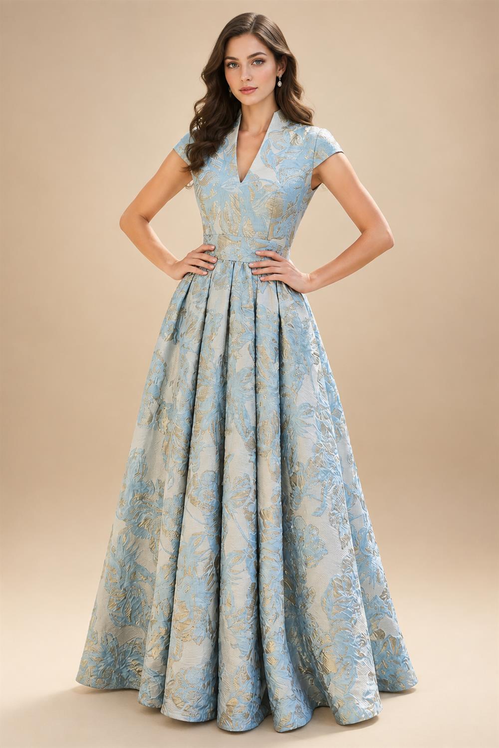 Cape Sleeve Jacquard Satin Ruched Mother of the Bride Dresses (SHI22500526)
