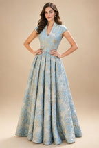 Cape Sleeve Jacquard Satin Ruched Mother of the Bride Dresses (SHI22500526)