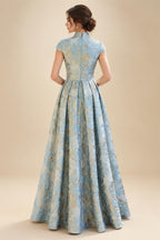 Cape Sleeve Jacquard Satin Ruched Mother of the Bride Dresses (SHI22500526)