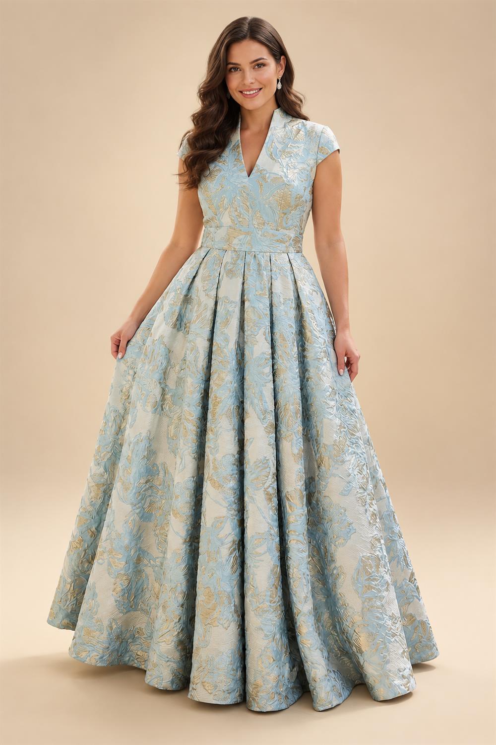 Cape Sleeve Jacquard Satin Ruched Mother of the Bride Dresses (SHI22500526)