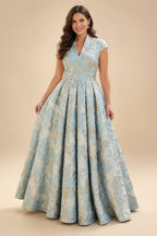 Cape Sleeve Jacquard Satin Ruched Mother of the Bride Dresses (SHI22500526)