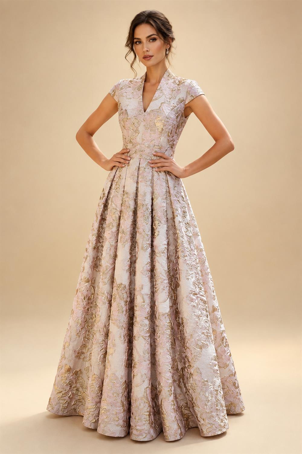 Cape Sleeve Jacquard Satin Ruched Mother of the Bride Dresses (SHI22500526)