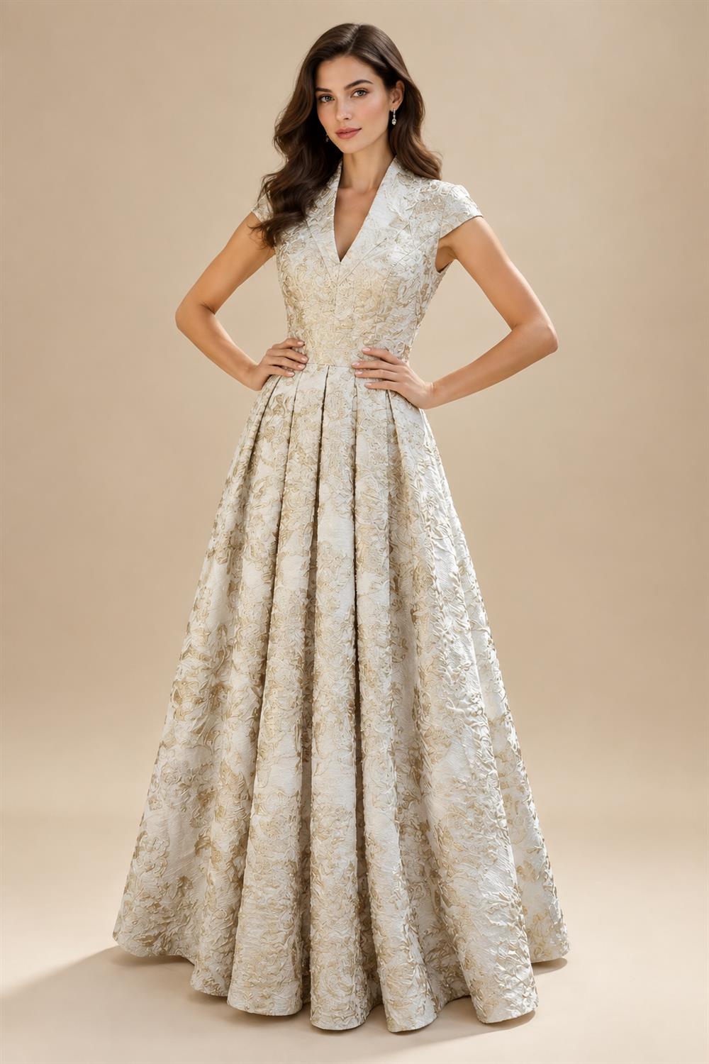 Cape Sleeve Jacquard Satin Ruched Mother of the Bride Dresses (SHI22500526)