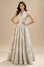 Cape Sleeve Jacquard Satin Ruched Mother of the Bride Dresses (SHI22500526)