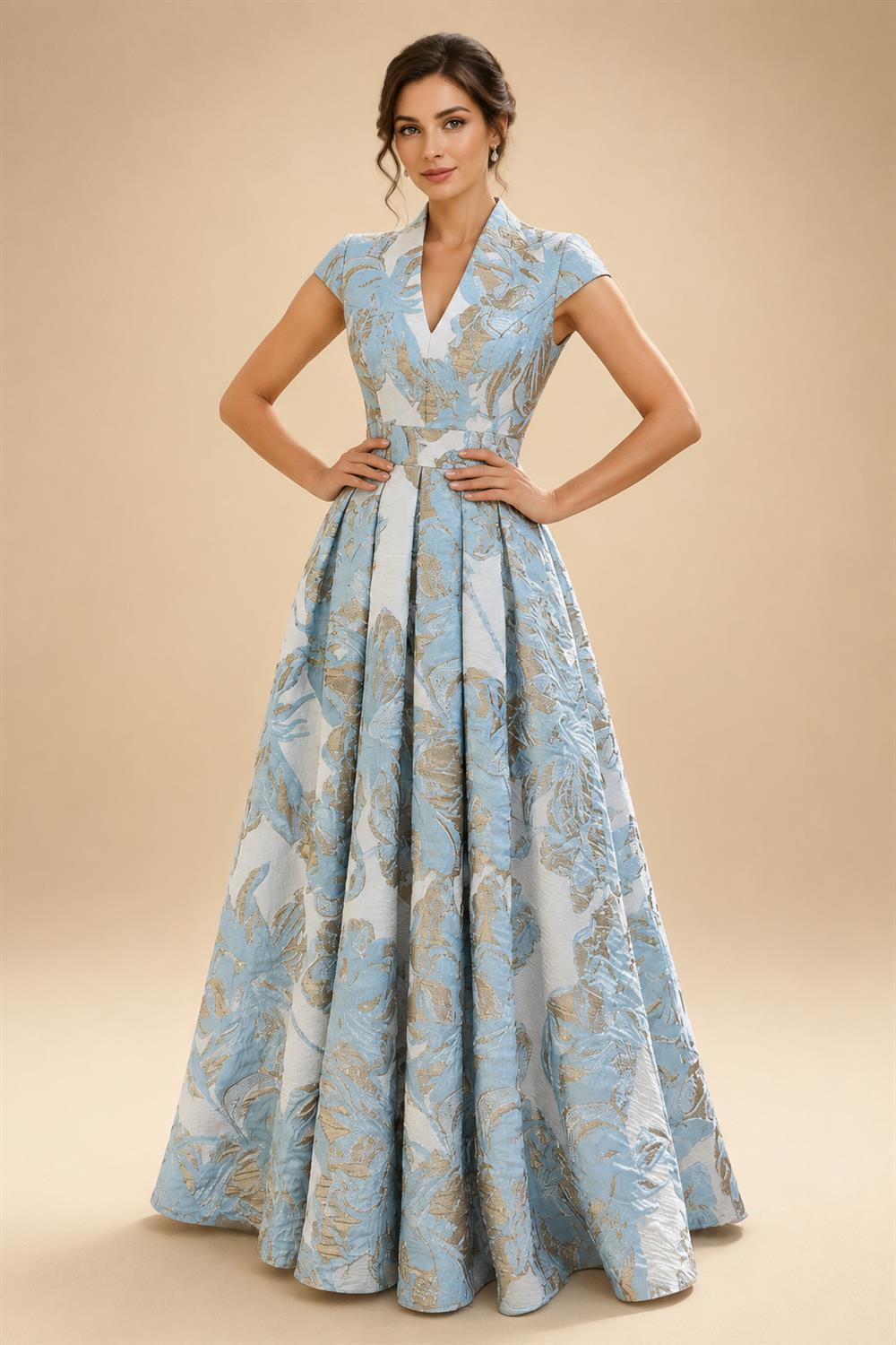 Cape Sleeve Jacquard Satin Ruched Mother of the Bride Dresses (SHI22500526)