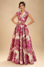 Cape Sleeve Jacquard Satin Ruched Mother of the Bride Dresses (SHI22500526)