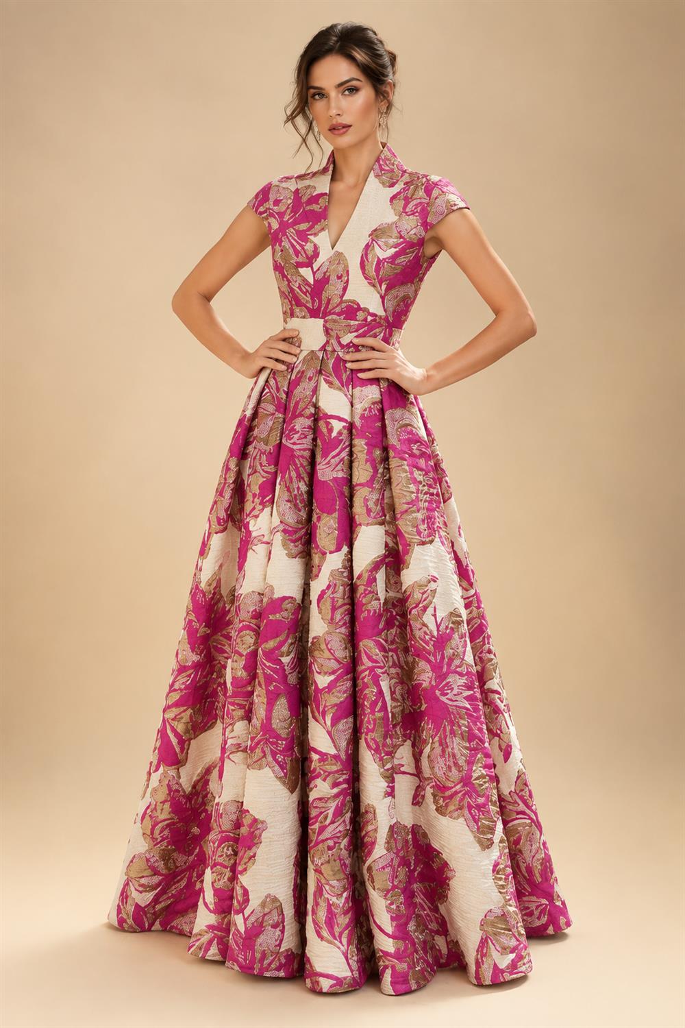 Cape Sleeve Jacquard Satin Ruched Mother of the Bride Dresses (SHI22500526)