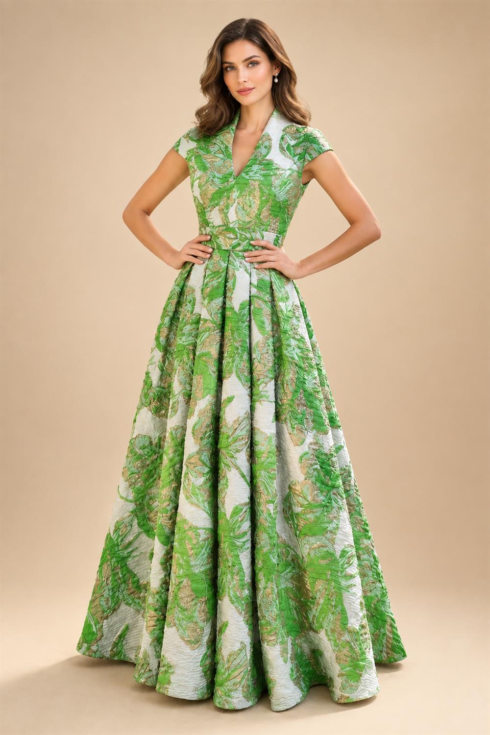 Cape Sleeve Jacquard Satin Ruched Mother of the Bride Dresses (SHI22500526)