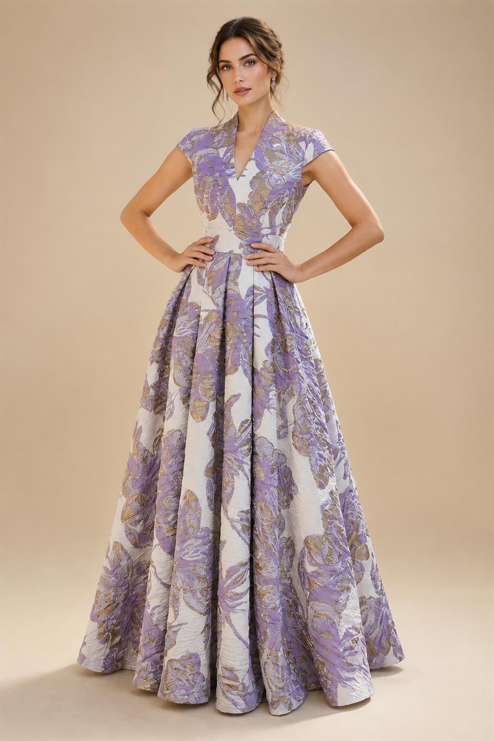 Cape Sleeve Jacquard Satin Ruched Mother of the Bride Dresses (SHI22500526)