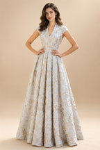 Cape Sleeve Jacquard Satin Ruched Mother of the Bride Dresses (SHI22500526)