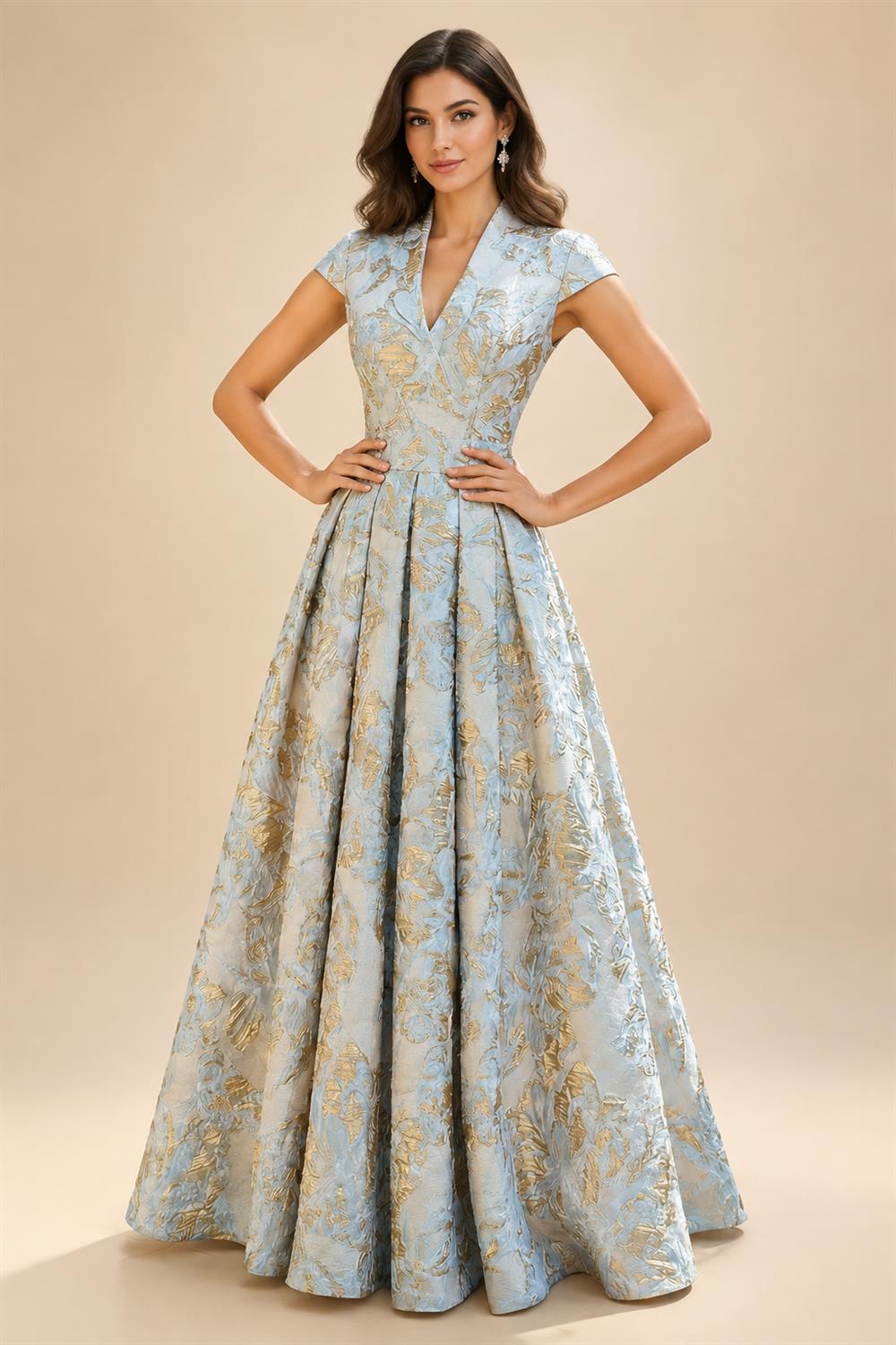 Cape Sleeve Jacquard Satin Ruched Mother of the Bride Dresses (SHI22500526)