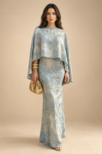 Cape Sleeve Jacquard Satin Ruched Mother of the Bride Dresses 2 Piece (SHI22500528)