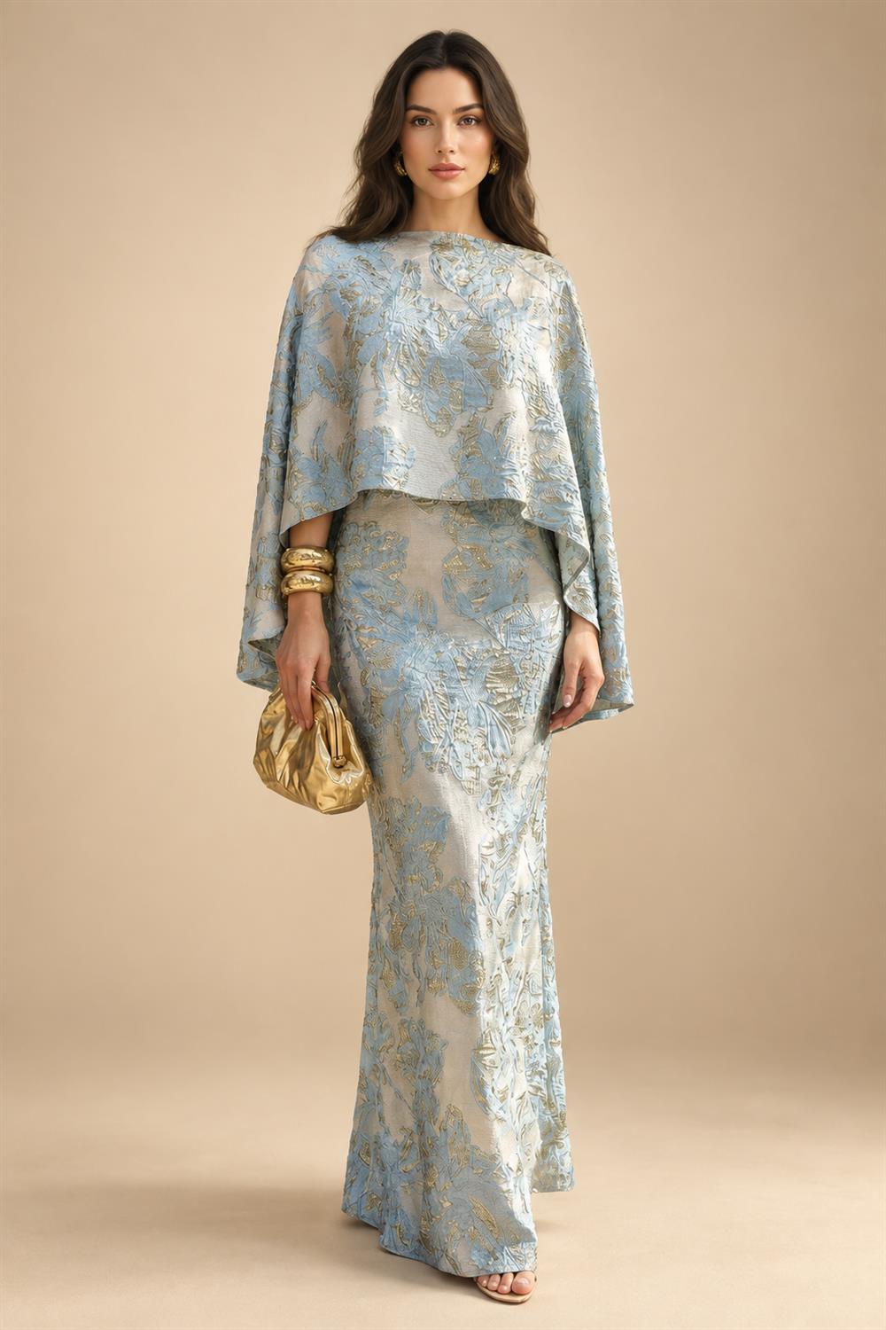 Cape Sleeve Jacquard Satin Ruched Mother of the Bride Dresses 2 Piece (SHI22500528)