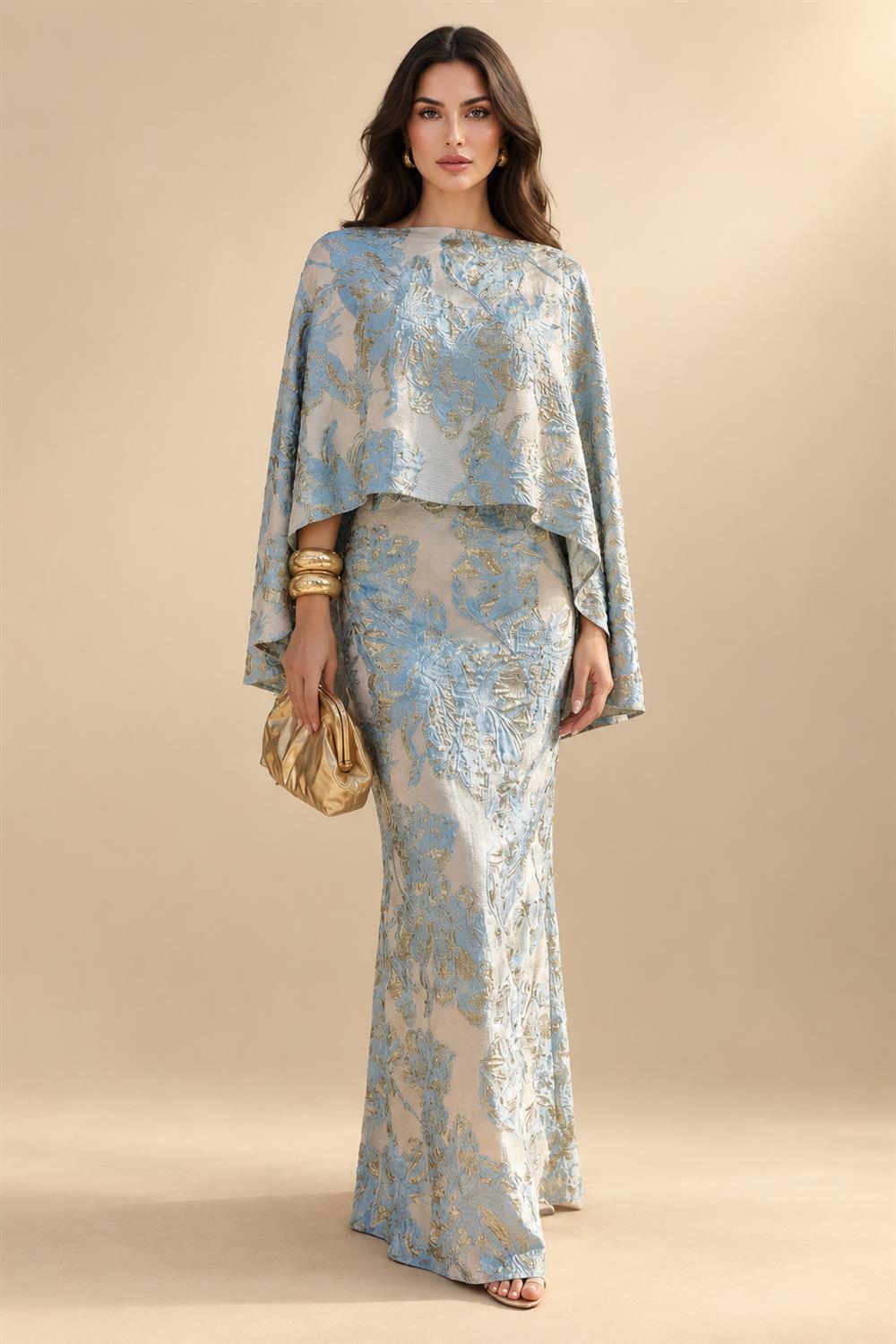 Cape Sleeve Floral Jacquard Satin Tea-Length Ruched Mother of the Bride Dresses 2 Piece (SHIA22500528)