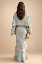 Cape Sleeve Jacquard Satin Ruched Mother of the Bride Dresses 2 Piece (SHI22500528)