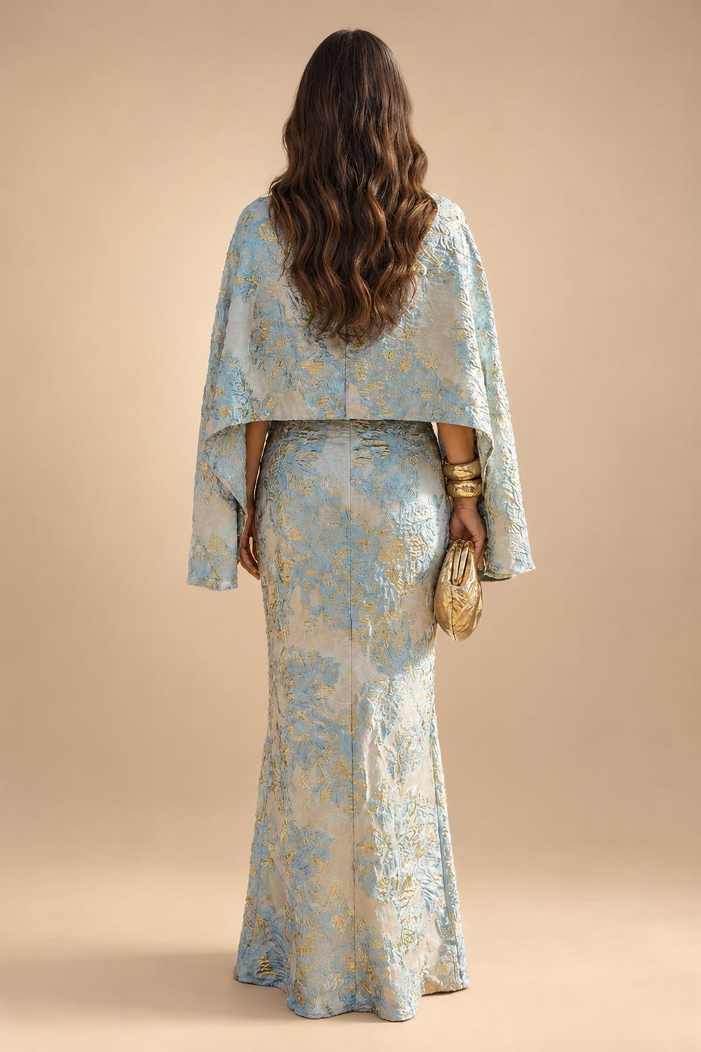 Cape Sleeve Floral Jacquard Satin Tea-Length Ruched Mother of the Bride Dresses 2 Piece (SHIA22500528)