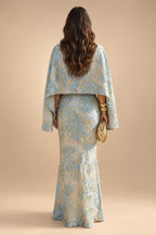 Cape Sleeve Floral Jacquard Satin Tea-Length Ruched Mother of the Bride Dresses 2 Piece (SHIA22500528)