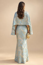 Cape Sleeve Floral Jacquard Satin Tea-Length Ruched Mother of the Bride Dresses 2 Piece (SHIA22500528)