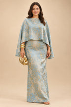 Cape Sleeve Jacquard Satin Ruched Mother of the Bride Dresses 2 Piece (SHI22500528)