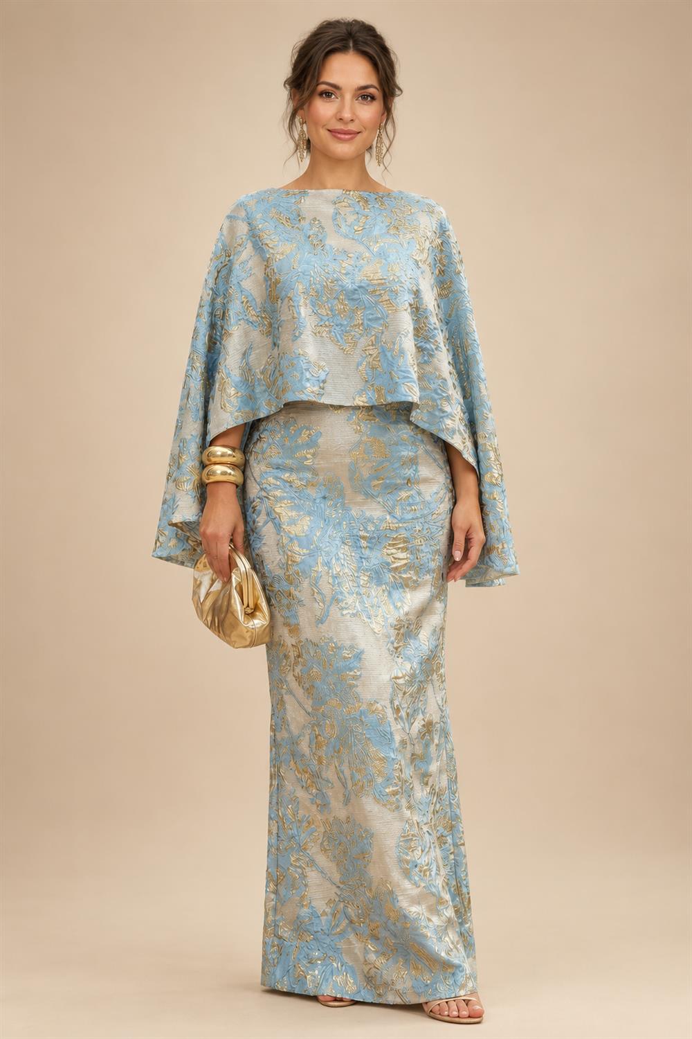 Cape Sleeve Jacquard Satin Ruched Mother of the Bride Dresses 2 Piece (SHI22500528)