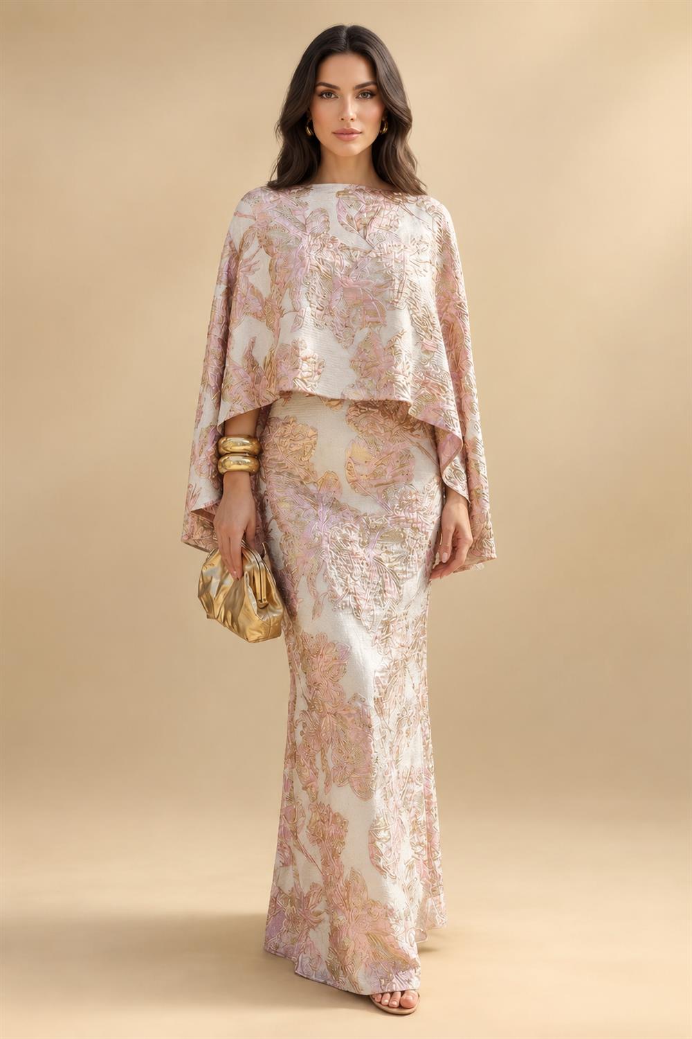 Cape Sleeve Jacquard Satin Ruched Mother of the Bride Dresses 2 Piece (SHI22500528)