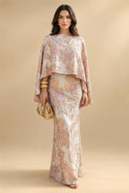 Cape Sleeve Jacquard Satin Ruched Mother of the Bride Dresses 2 Piece (SHI22500528)