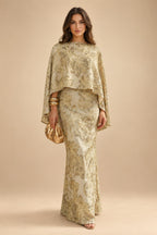 Cape Sleeve Jacquard Satin Ruched Mother of the Bride Dresses 2 Piece (SHI22500528)