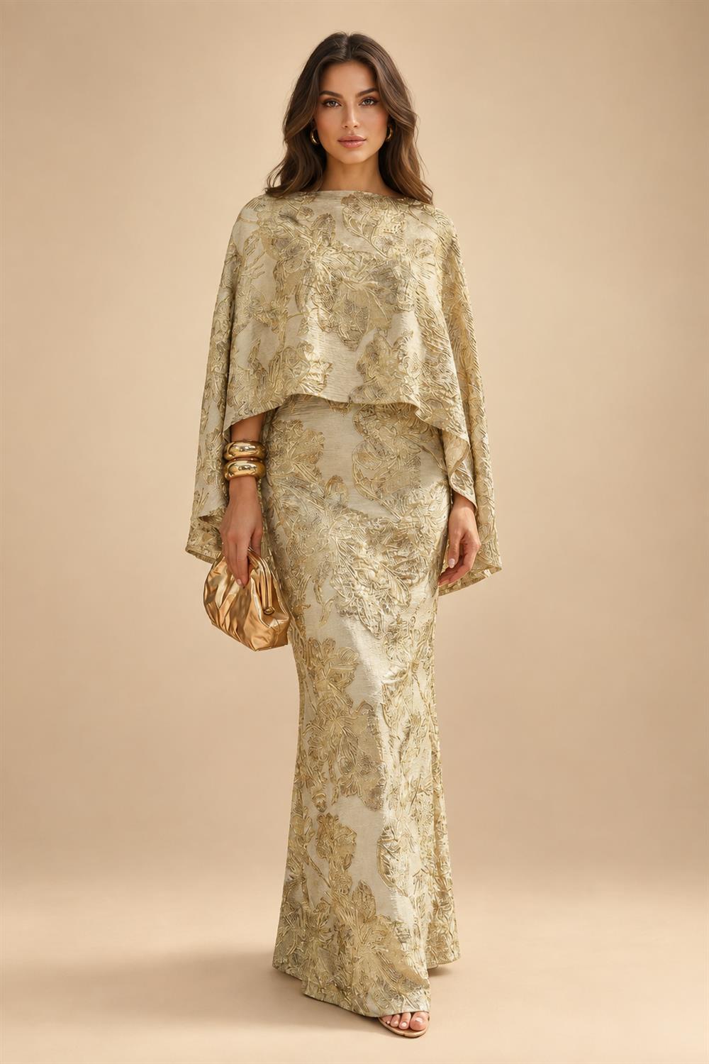 Cape Sleeve Jacquard Satin Ruched Mother of the Bride Dresses 2 Piece (SHI22500528)