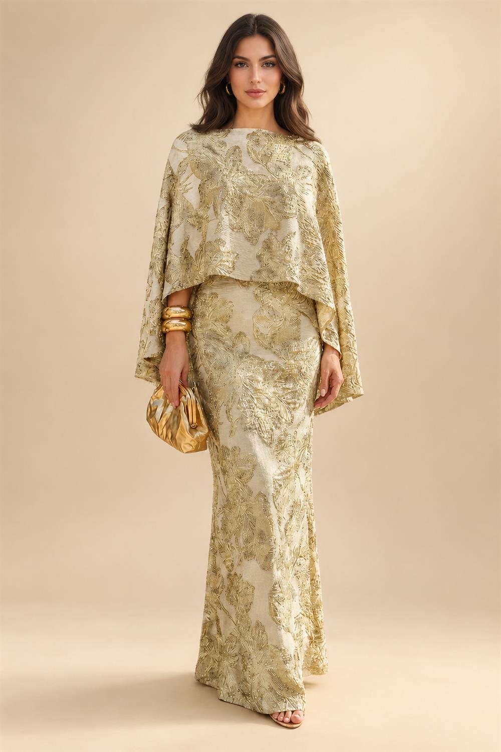 Cape Sleeve Jacquard Satin Ruched Mother of the Bride Dresses 2 Piece (SHI22500528)