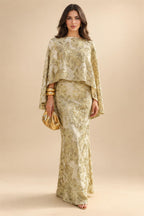 Cape Sleeve Jacquard Satin Ruched Mother of the Bride Dresses 2 Piece (SHI22500528)