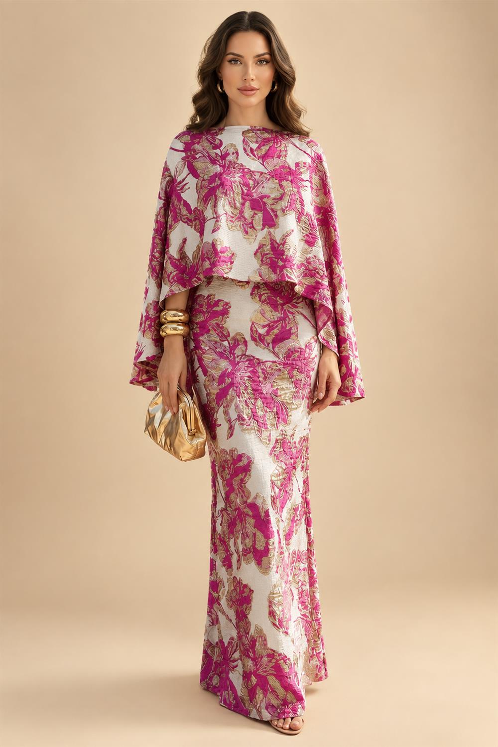 Cape Sleeve Jacquard Satin Ruched Mother of the Bride Dresses 2 Piece (SHI22500528)