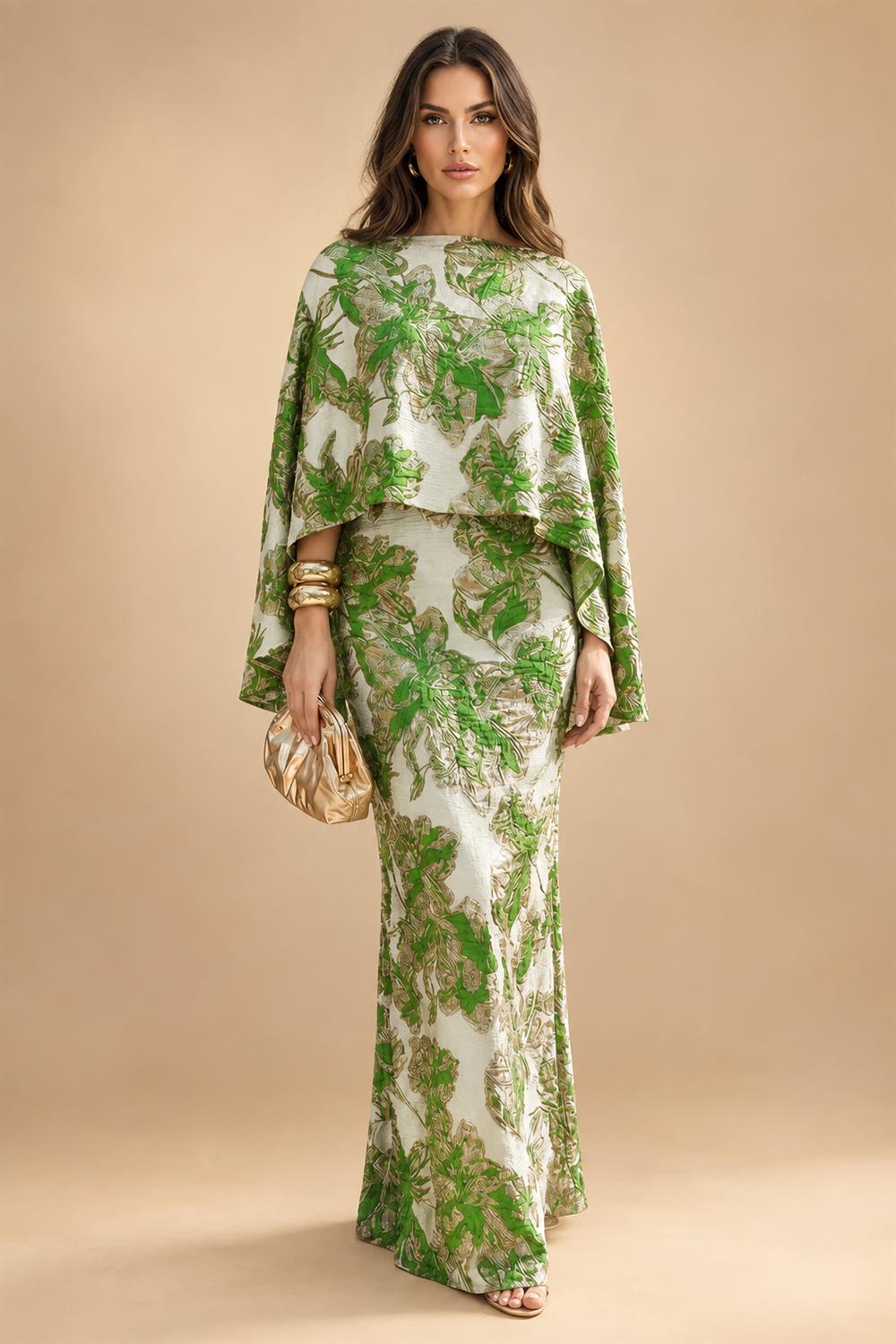 Cape Sleeve Jacquard Satin Ruched Mother of the Bride Dresses 2 Piece (SHI22500528)