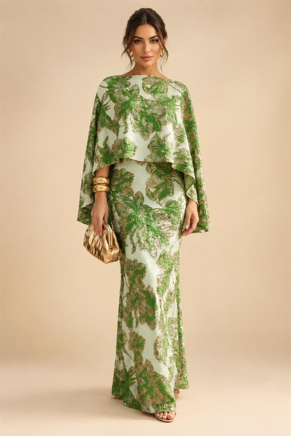 Cape Sleeve Jacquard Satin Ruched Mother of the Bride Dresses 2 Piece (SHI22500528)
