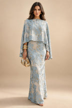 Cape Sleeve Jacquard Satin Ruched Mother of the Bride Dresses 2 Piece (SHI22500528)