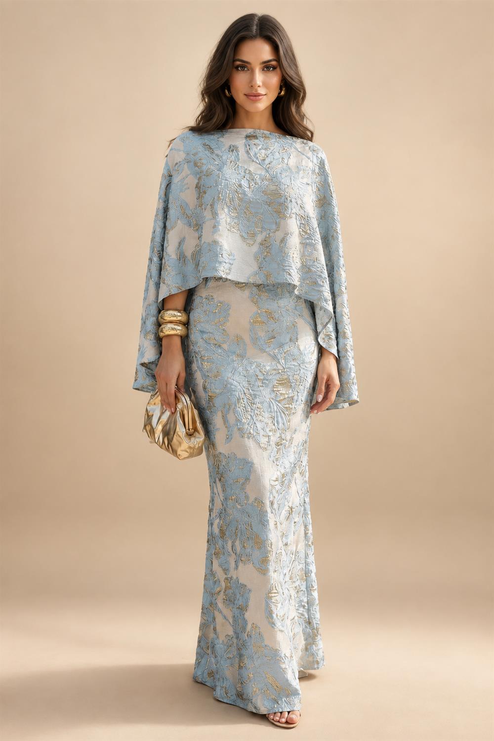 Cape Sleeve Jacquard Satin Ruched Mother of the Bride Dresses 2 Piece (SHI22500528)