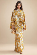 Cape Sleeve Jacquard Satin Ruched Mother of the Bride Dresses 2 Piece (SHI22500528)