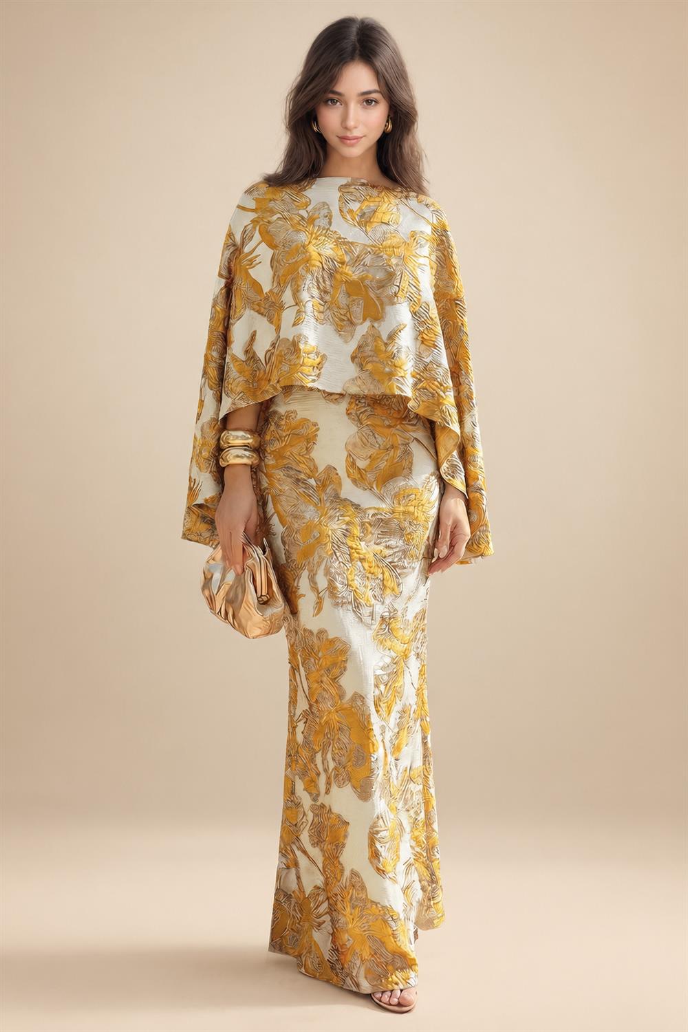 Cape Sleeve Jacquard Satin Ruched Mother of the Bride Dresses 2 Piece (SHI22500528)