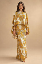 Cape Sleeve Jacquard Satin Ruched Mother of the Bride Dresses 2 Piece (SHI22500528)