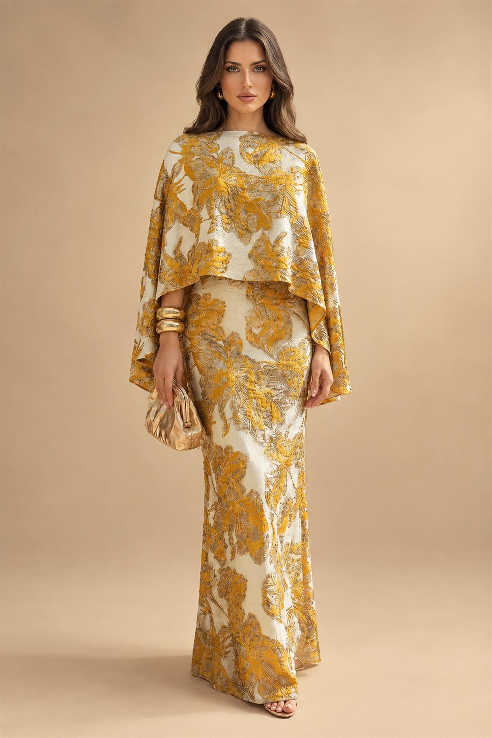 Cape Sleeve Jacquard Satin Ruched Mother of the Bride Dresses 2 Piece (SHI22500528)