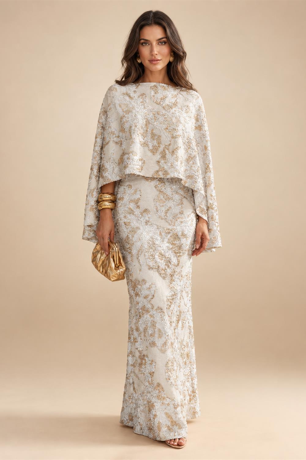 Cape Sleeve Jacquard Satin Ruched Mother of the Bride Dresses 2 Piece (SHI22500528)