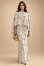 Cape Sleeve Jacquard Satin Ruched Mother of the Bride Dresses 2 Piece (SHI22500528)
