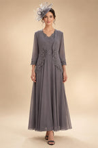 2-Piece A-Line Chiffon 3/4 Sleeves Mother of the Bride & Groom Dresses with Scalloped V-Neck Lace Bodice (SHI22500637)