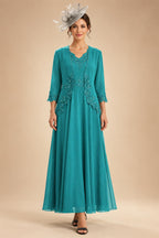 2-Piece A-Line Chiffon 3/4 Sleeves Mother of the Bride & Groom Dresses with Scalloped V-Neck Lace Bodice (SHI22500637)