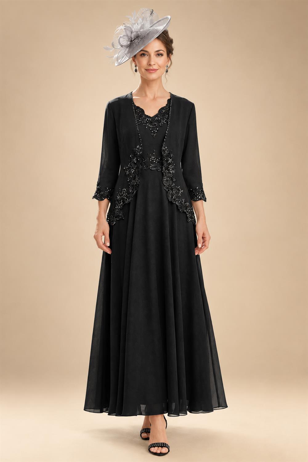 2-Piece A-Line Chiffon 3/4 Sleeves Mother of the Bride & Groom Dresses with Scalloped V-Neck Lace Bodice (SHI22500637)