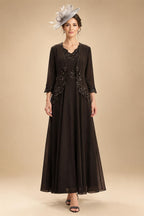 2-Piece A-Line Chiffon 3/4 Sleeves Mother of the Bride & Groom Dresses with Scalloped V-Neck Lace Bodice (SHI22500637)